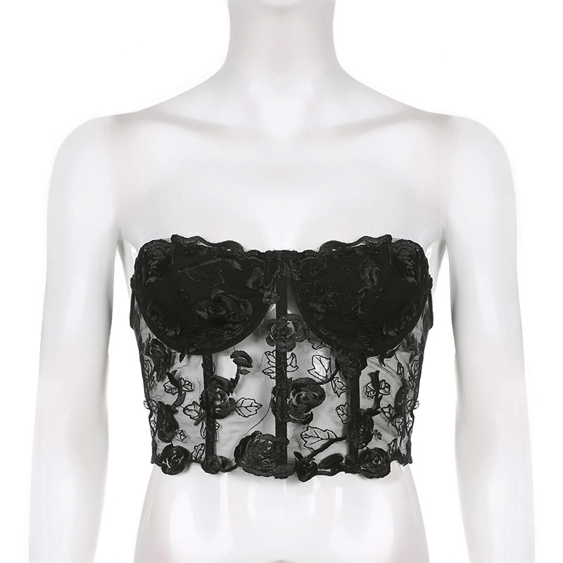 Aesthetic floral lace crop top for women, featuring elegant transparent design and beautiful black floral details.