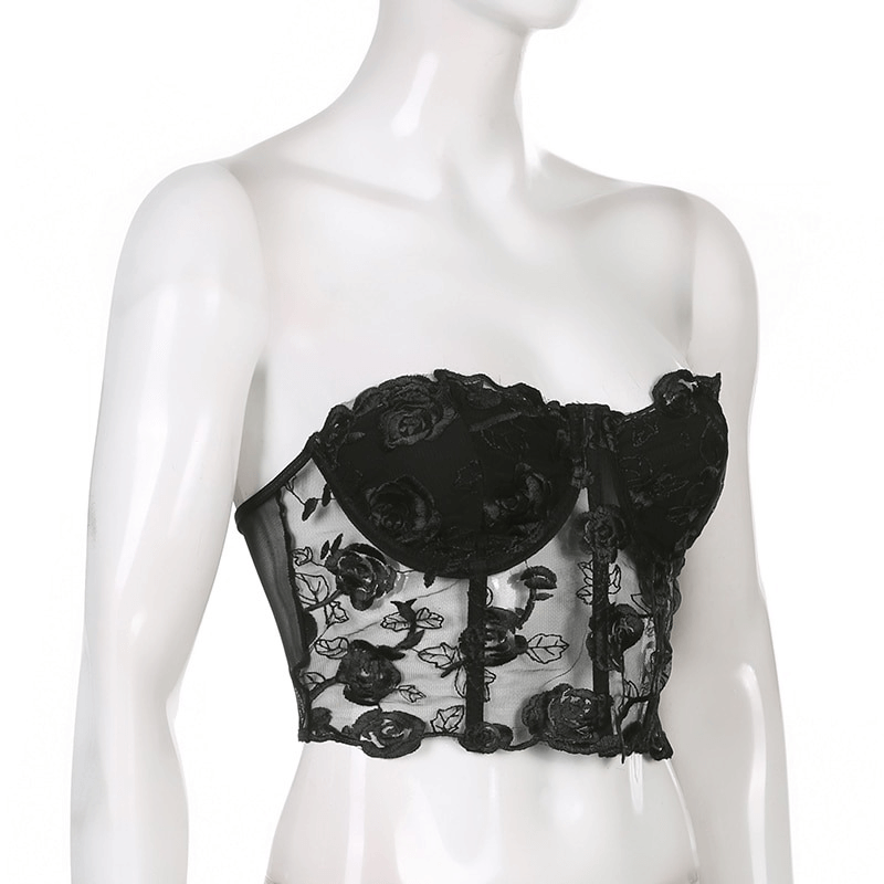 Aesthetic floral lace top for women, transparent cropped design with elegant black lace details.