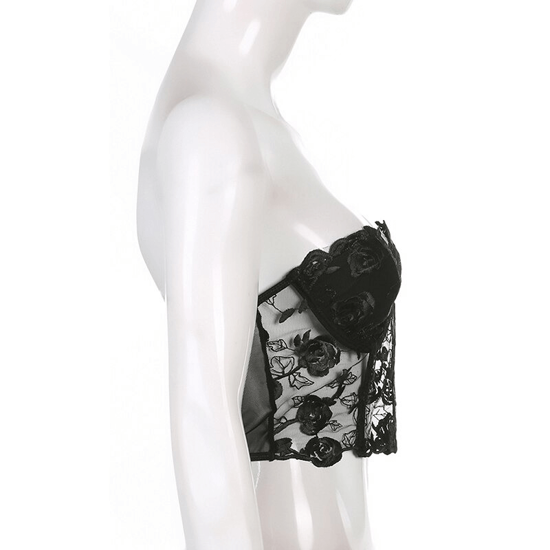 Aesthetic floral lace crop top for women, featuring a transparent design and elegant floral lace inserts.