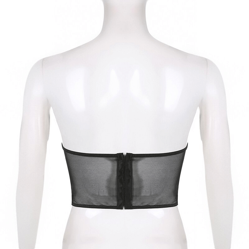 Back view of a women's transparent black lace crop top, showcasing its elegant and stylish design.