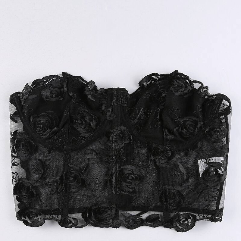 Elegant black floral lace crop top with transparent fabric for a stylish women's aesthetic.