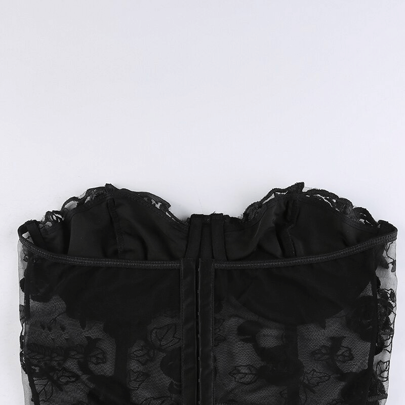 Aesthetic black floral lace crop top for women, featuring transparent fabric and elegant design.