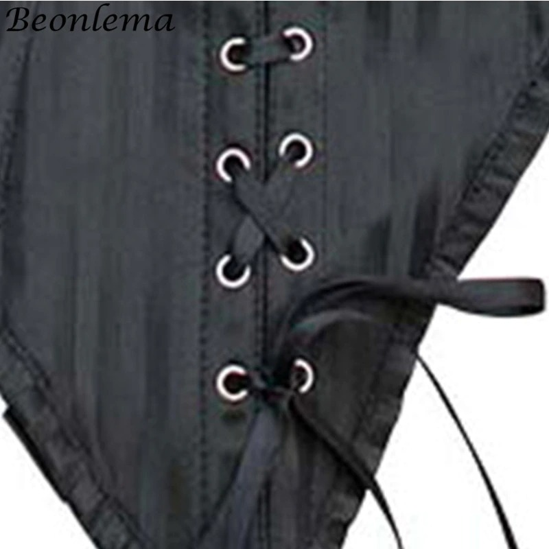 Close-up of a black gothic lace corset with drawstrings, showcasing intricate lacing and elegant design details.