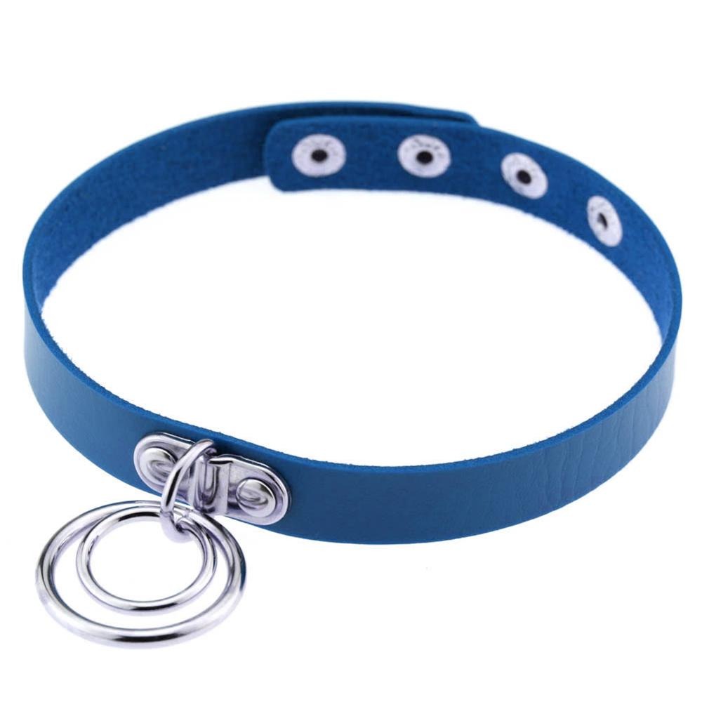Aesthetic Gothic PU leather choker in vibrant blue with metal rings, perfect for cosplay and trendy outfits.