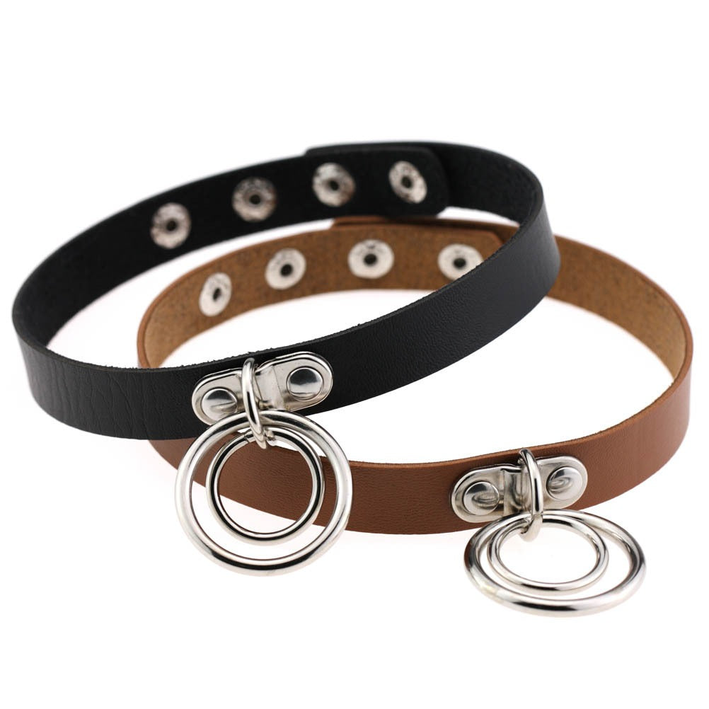 Aesthetic Gothic PU leather choker set in black and brown, featuring metal rings, perfect for cosplay and rockstar outfits.