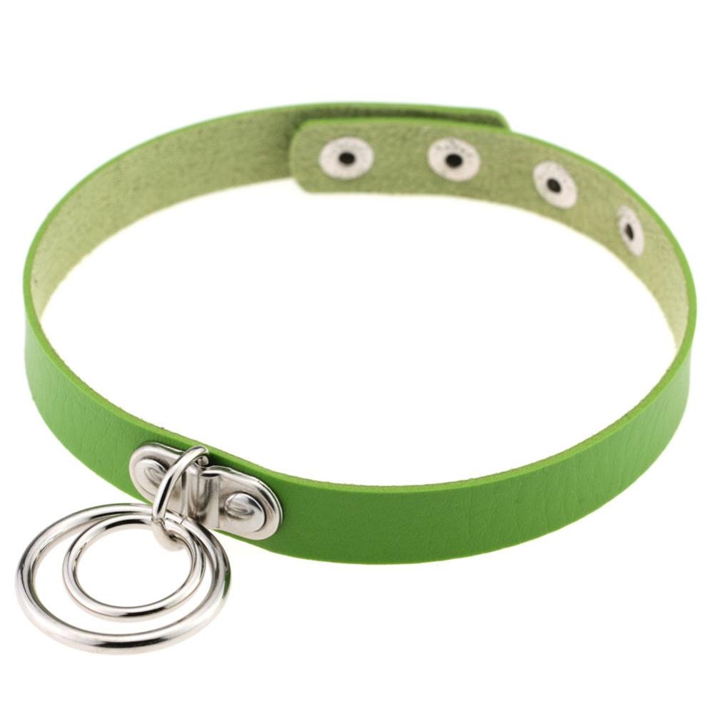 Aesthetic green PU leather choker with metal rings, perfect for gothic and cosplay outfits, adjustable for a stylish fit.