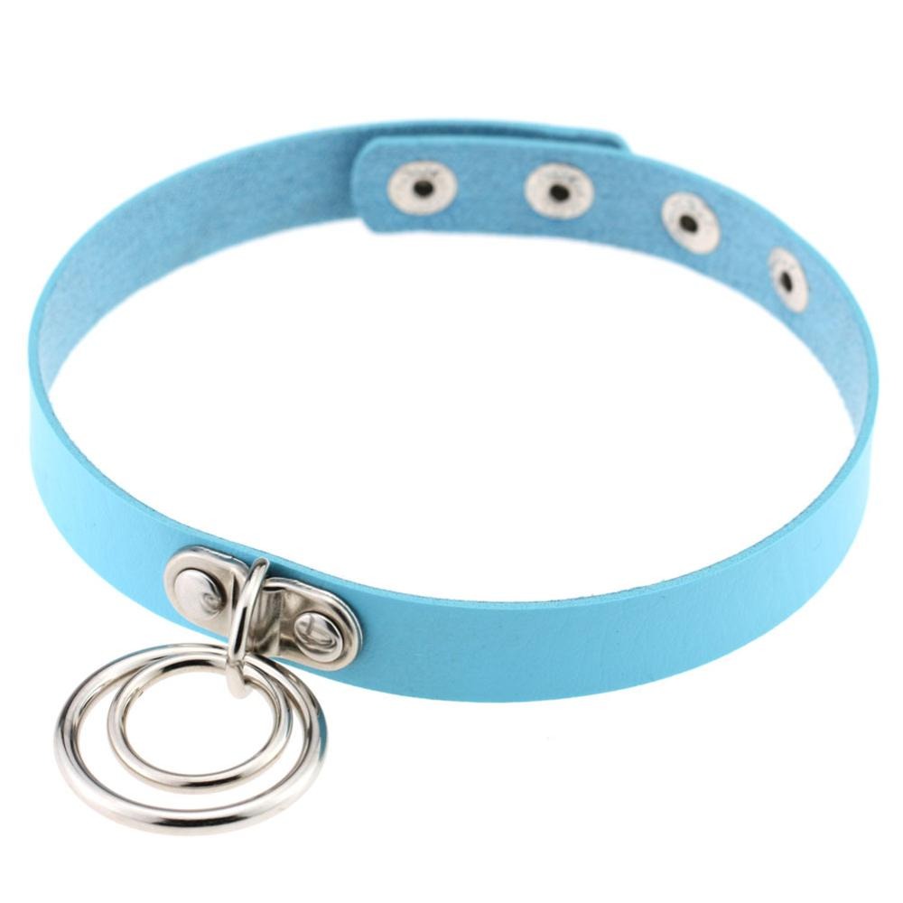 Aesthetic blue PU leather choker with silver rings, perfect for gothic and cosplay styles, adjustable neck jewelry
