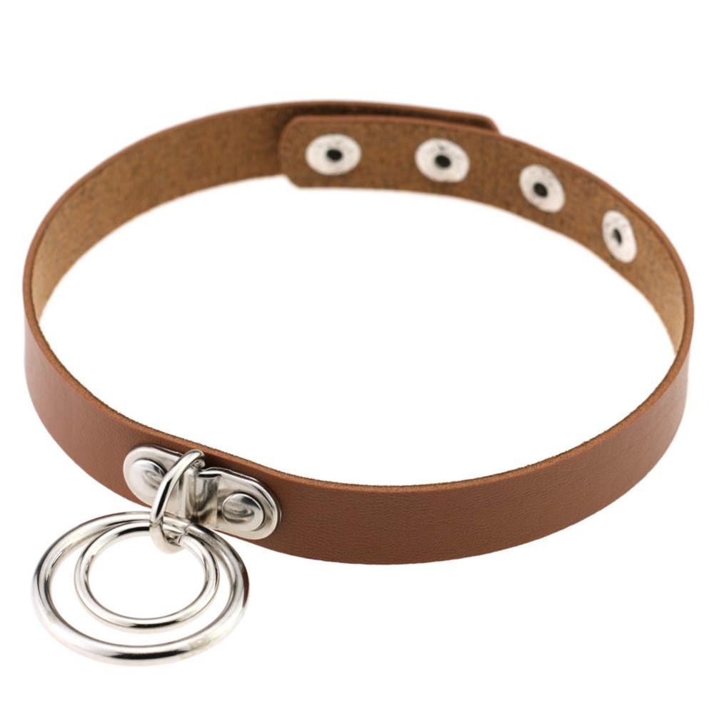 Aesthetic PU leather choker with metal rings, perfect for gothic style and cosplay outfits, adjustable for a custom fit.