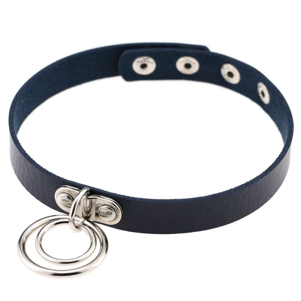 Aesthetic Gothic PU leather choker with metal rings, perfect for cosplay and layering with accessories.