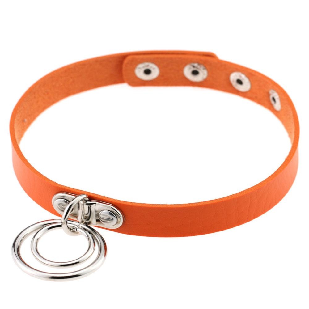 Aesthetic Gothic PU leather choker in vibrant orange with metal rings, perfect for cosplay and stylish outfits.