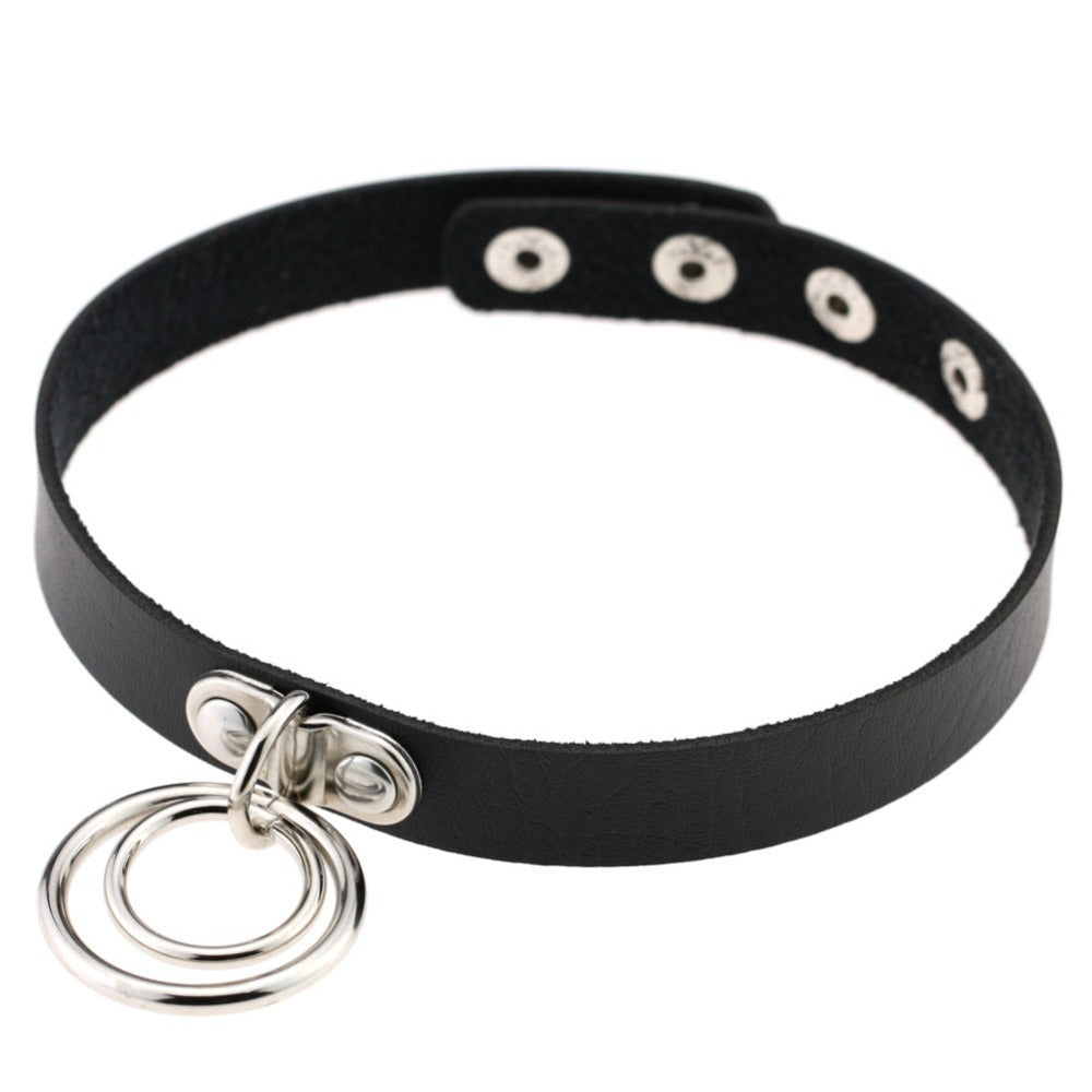 Aesthetic Gothic PU Leather Choker With Rings / Cosplay Multicolor Adjustable Necklaces / Neck Jewelry - HARD'N'HEAVY