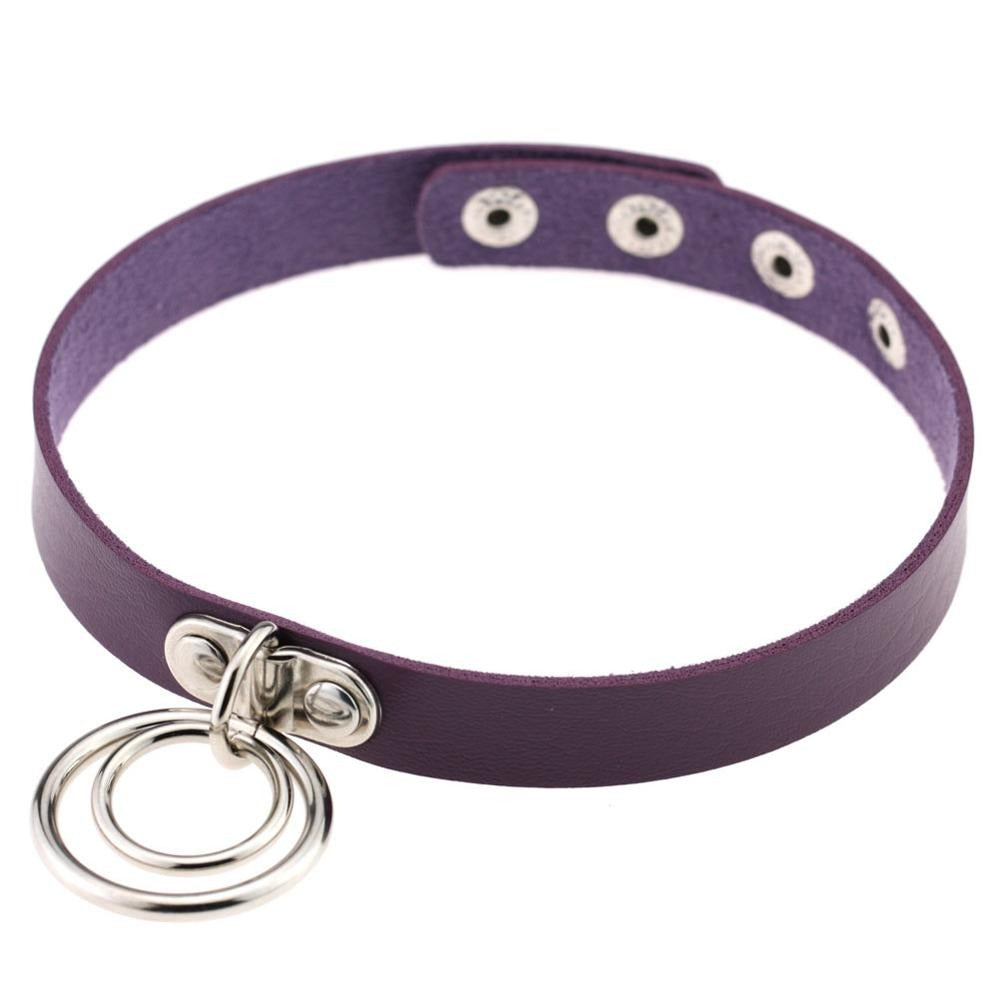 Aesthetic Gothic PU leather choker in purple with metal rings, perfect for cosplay and stylish rockstar fashion.