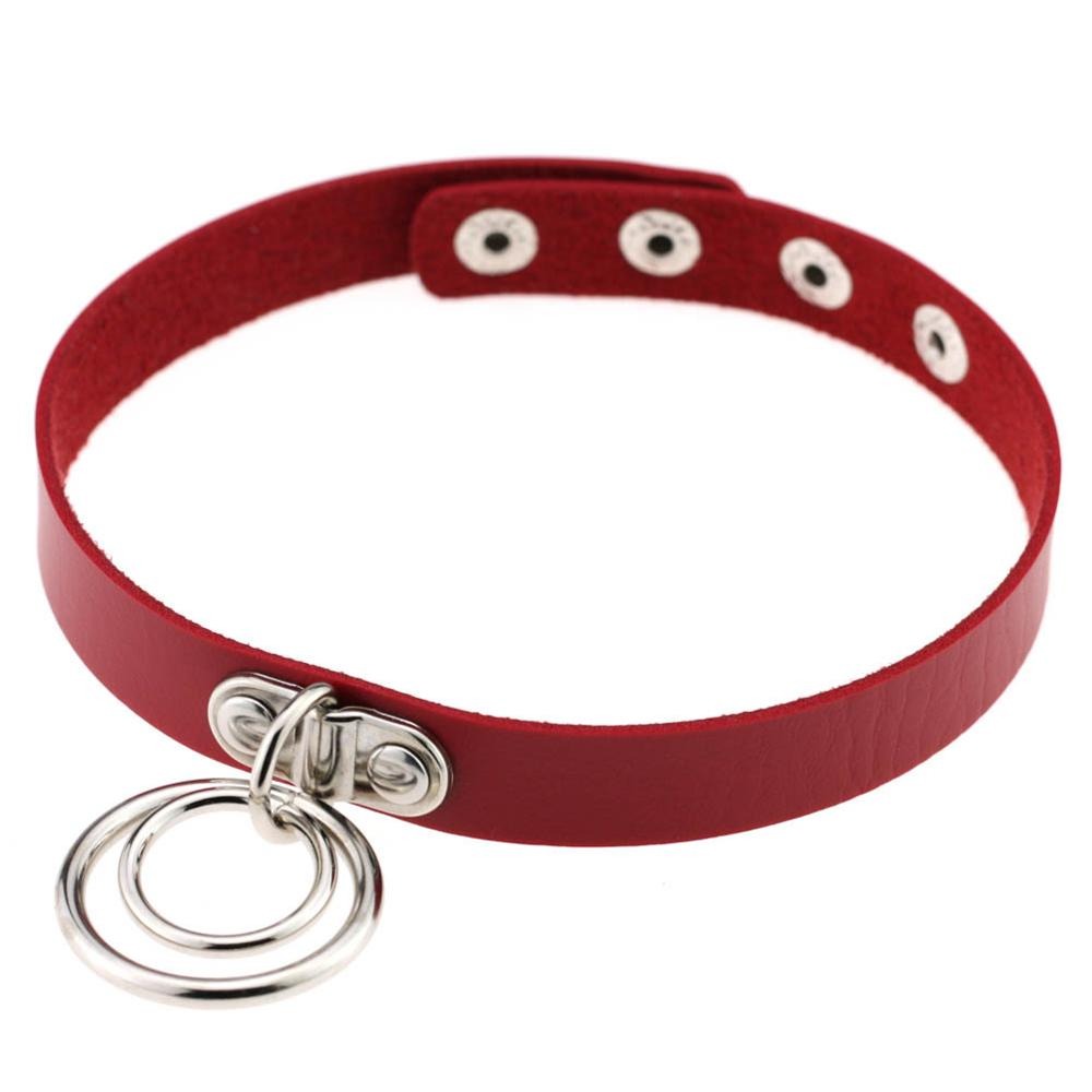 Aesthetic red PU leather choker with metal rings, adjustable for a gothic-inspired necklace look.
