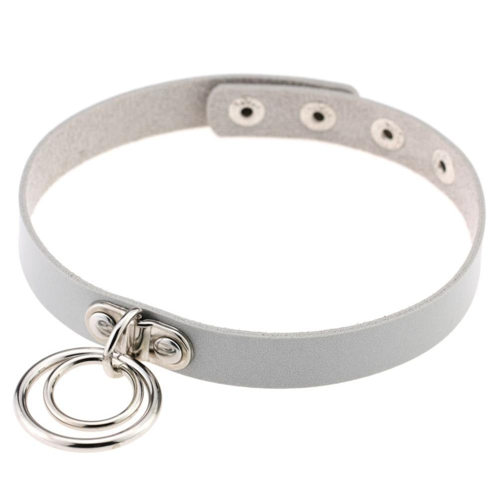Aesthetic gothic PU leather choker necklace with metal rings, ideal for cosplay and rockstar fashion.