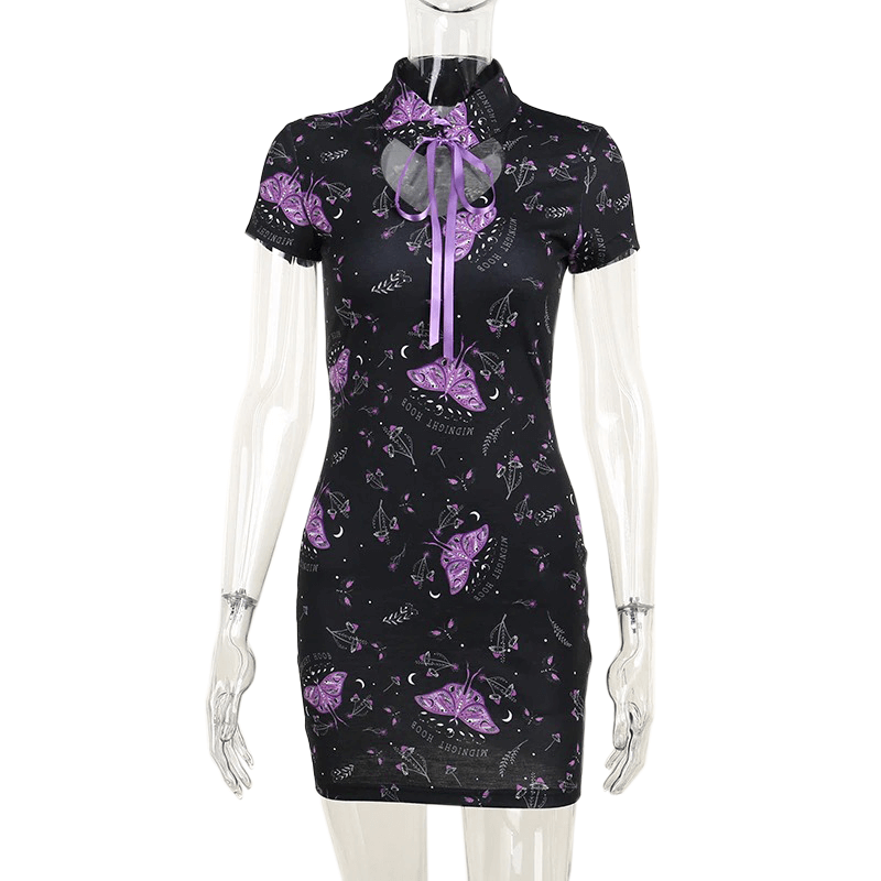 Aesthetic Half High Collar Mini Dress for Women / Vintage Grunge Bodycon Short Sleeves Dress