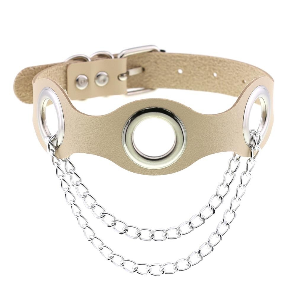 Aesthetic PU leather choker collar for women with silver chains, perfect for punk fashion and female bondage style.