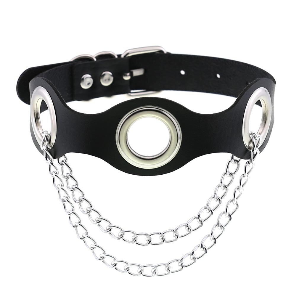 Aesthetic black PU leather choker collar with silver chains for women in punk fashion.