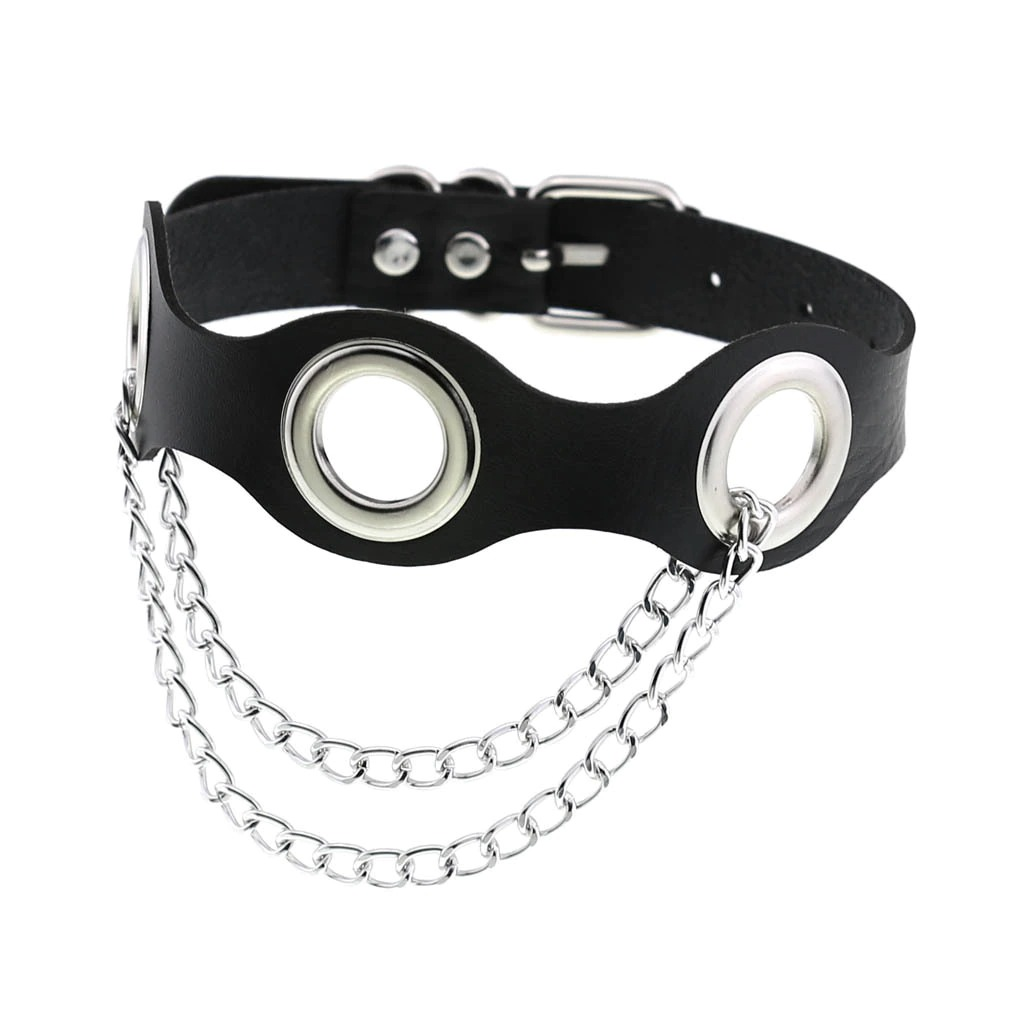 PU leather choker collar for women, featuring silver chains and punk style decor, perfect for edgy fashion looks.