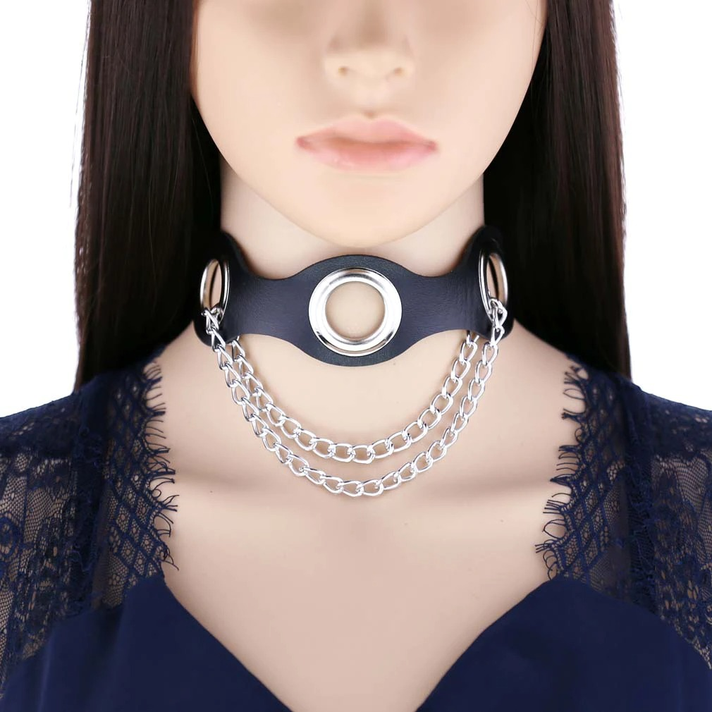Stylish PU leather choker collar for women featuring silver chains, perfect for punk fashion enthusiasts.