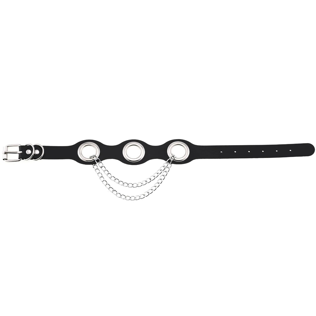 Black PU leather choker collar with silver rings and chains, perfect for punk fashion and female bondage style.