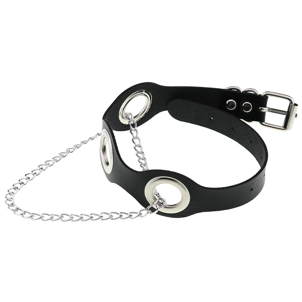 Black PU leather choker collar with silver chain and eyelets, perfect for punk fashion accessories for women.