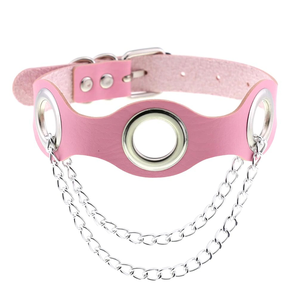 Stylish pink PU leather choker collar with silver chains, perfect for punk fashion lovers.