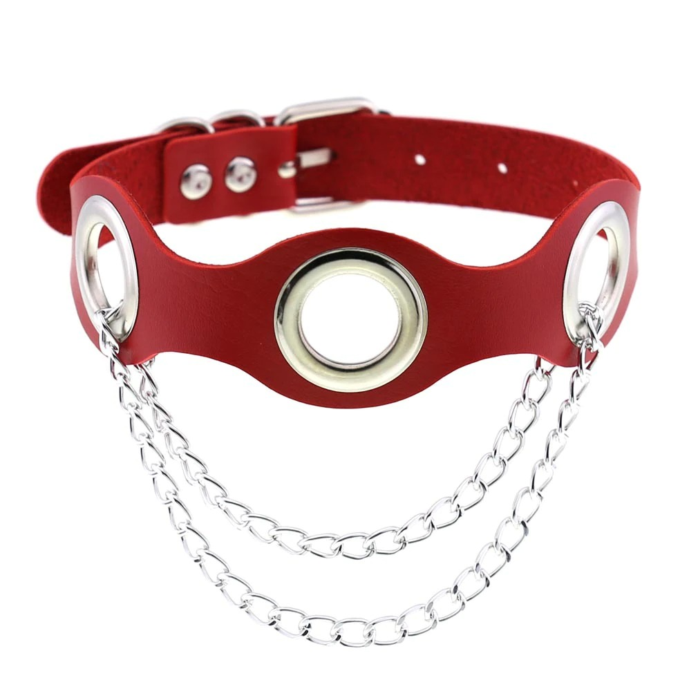 Red PU leather choker collar for women featuring silver chains, perfect for punk fashion and bondage style.