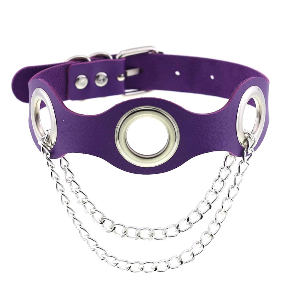 Purple PU leather choker collar for women featuring silver chains, stylish punk fashion accessory.