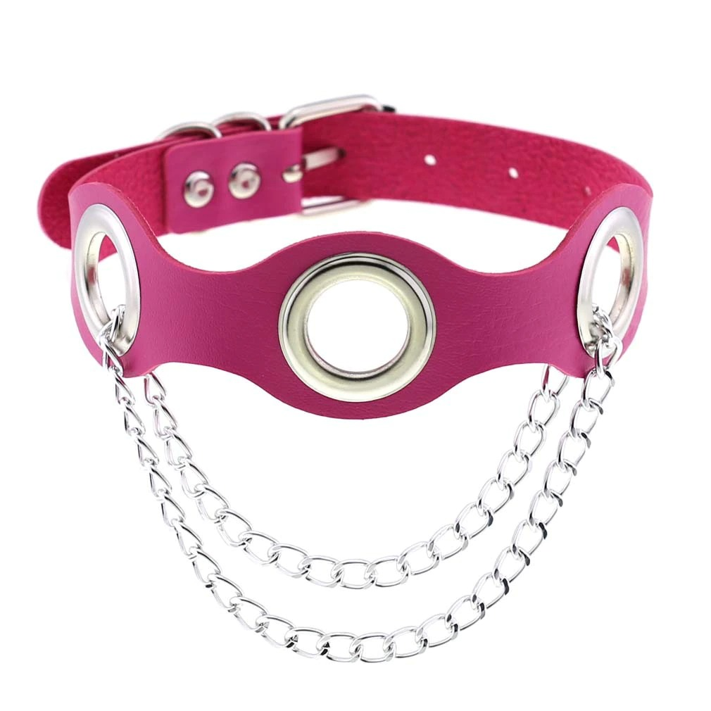 Pink PU leather choker collar with silver chains, stylish punk accessory for women.
