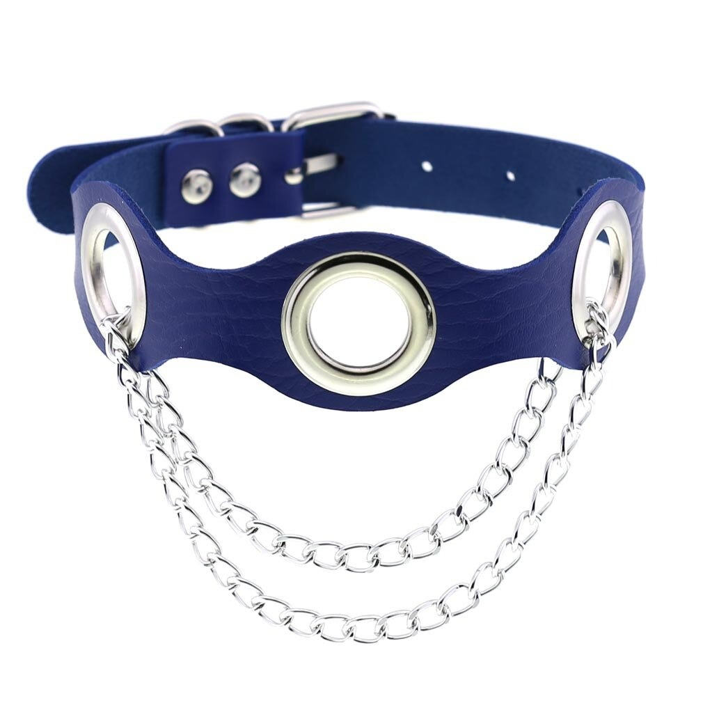Blue PU leather choker collar with silver chains, perfect for punk fashion lovers and women's bondage styles.