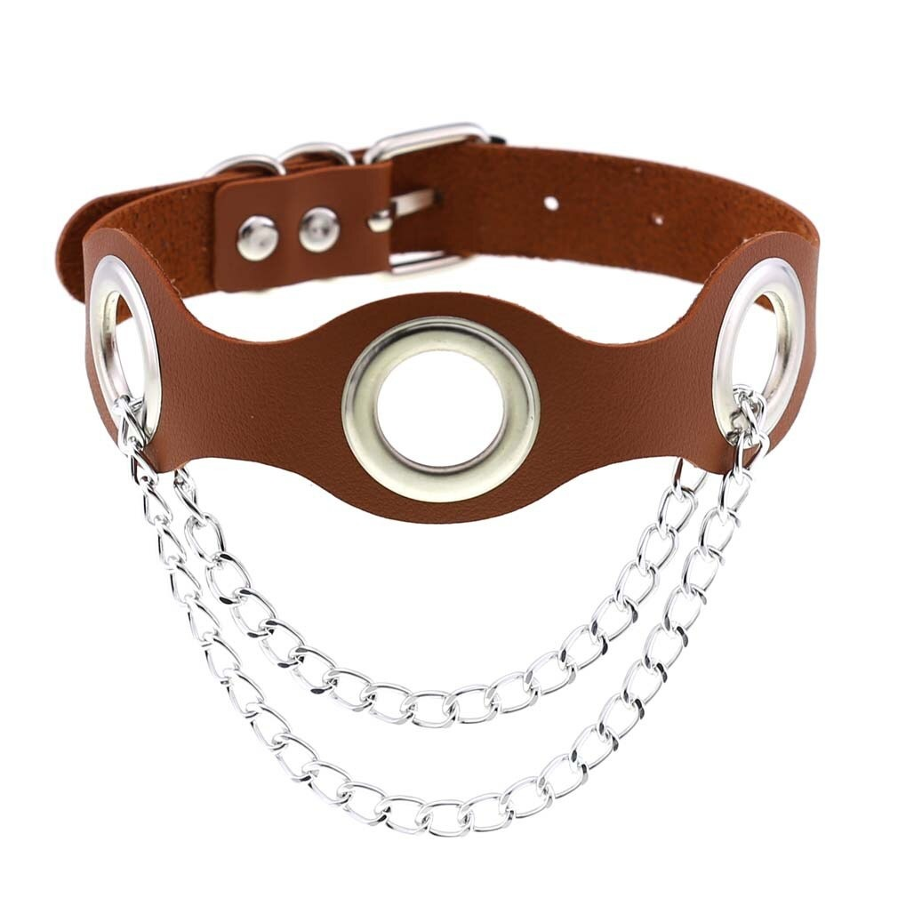 Aesthetic brown PU leather choker collar with silver chains, perfect for punk fashion and women's bondage accessories.