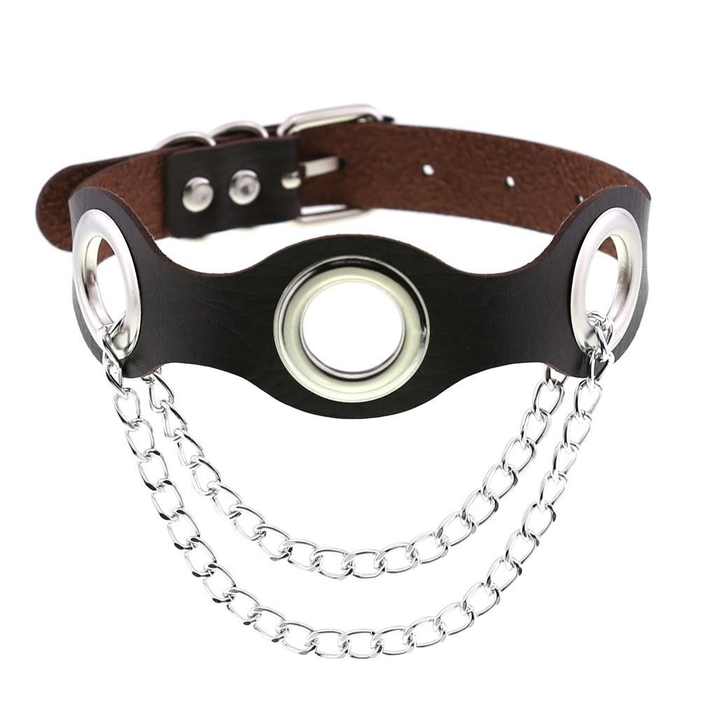 Aesthetic PU leather choker collar with silver chains, perfect for punk fashion and bondage styles.