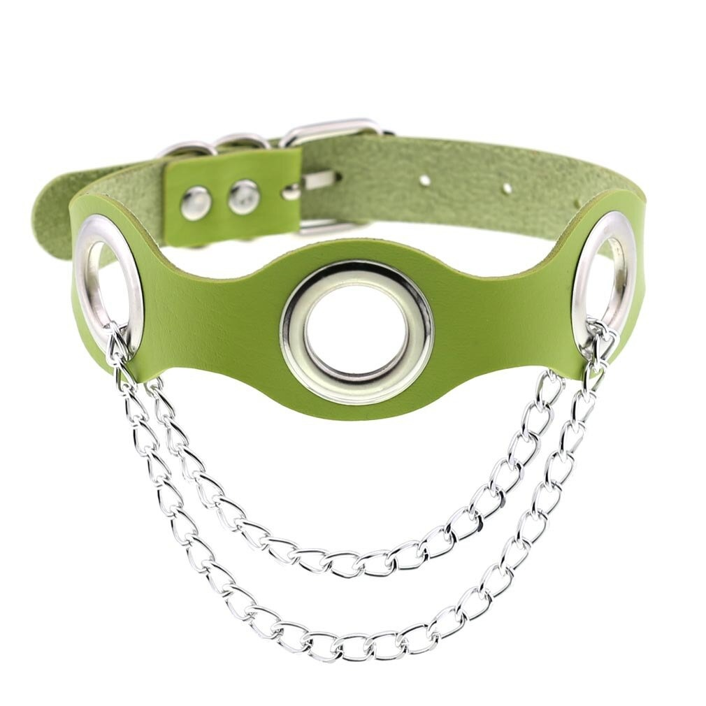 Aesthetic green PU leather choker collar with silver chains, perfect for punk fashion and stylish bondage neckwear.