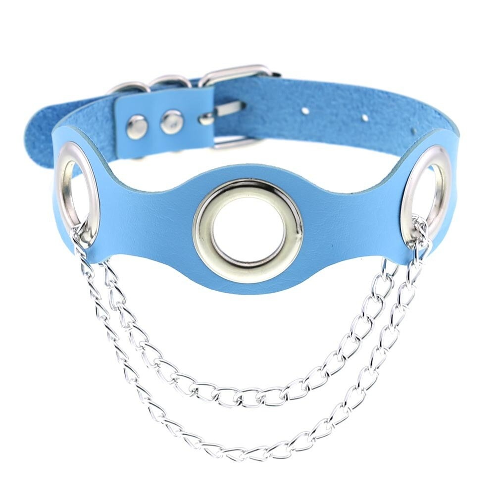 Aesthetic blue PU leather choker collar with silver chains, perfect for punk fashion and female bondage style.