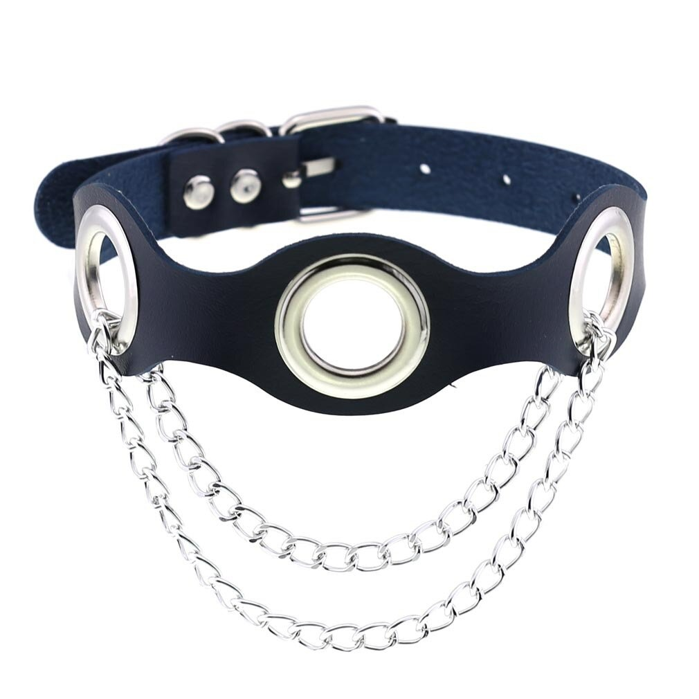 Punk style black PU leather choker collar with silver chains and circular rings for women.
