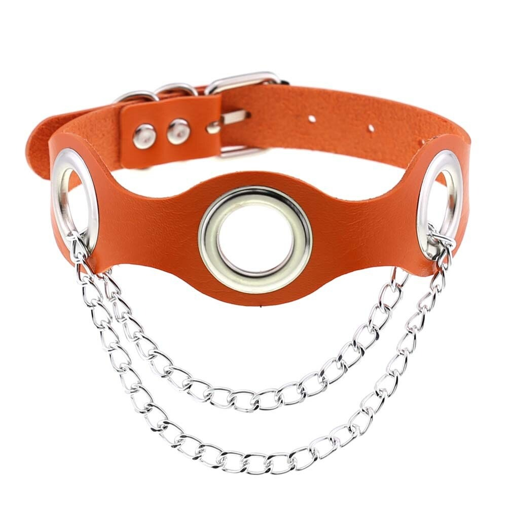 Aesthetic orange PU leather choker collar with silver chains, perfect for punk fashion and female bondage style.