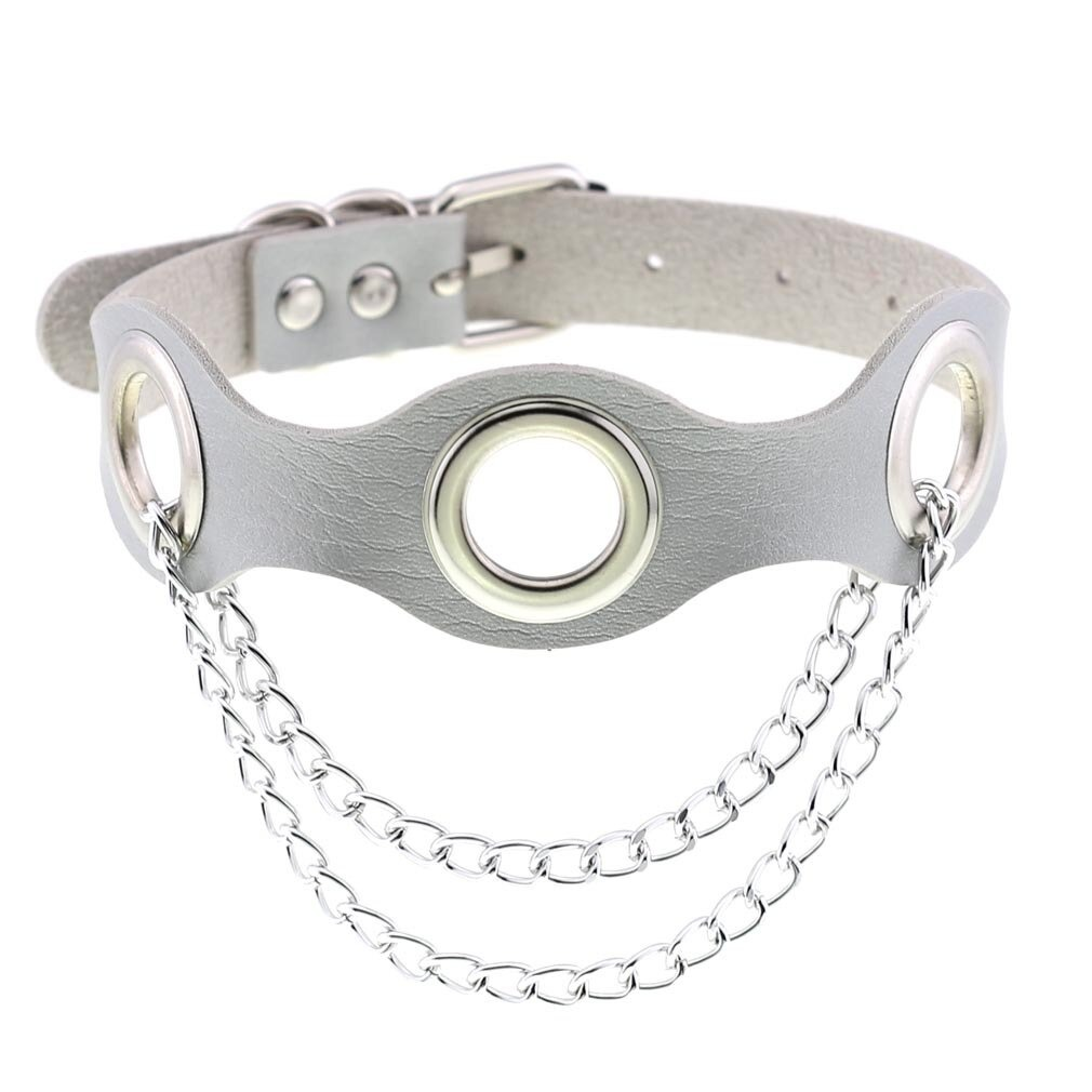 PU leather punk choker collar with silver chains, stylish neckwear for women in fashion.
