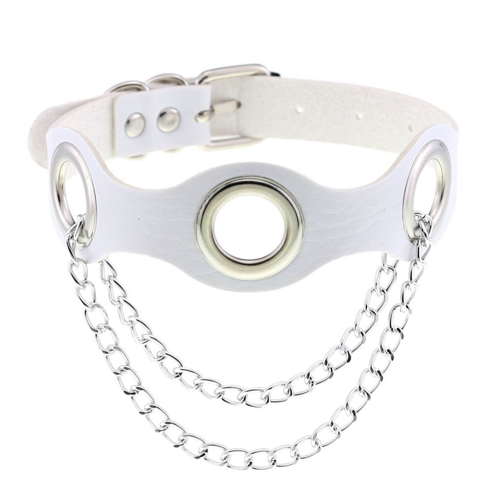 White PU leather choker collar with silver chains, perfect for punk fashion and female bondage style.