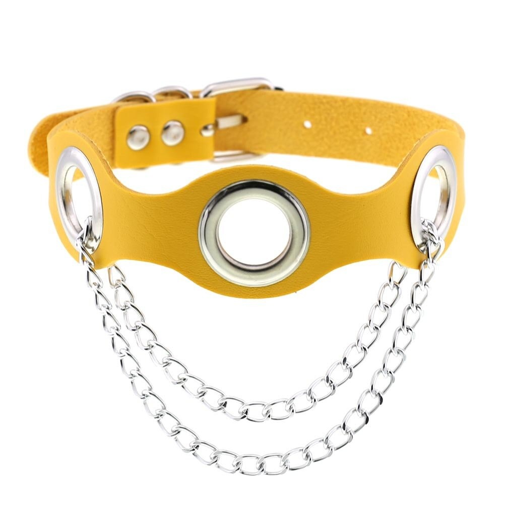 Aesthetic yellow PU leather choker collar with silver chains, perfect for punk fashion and female bondage style.