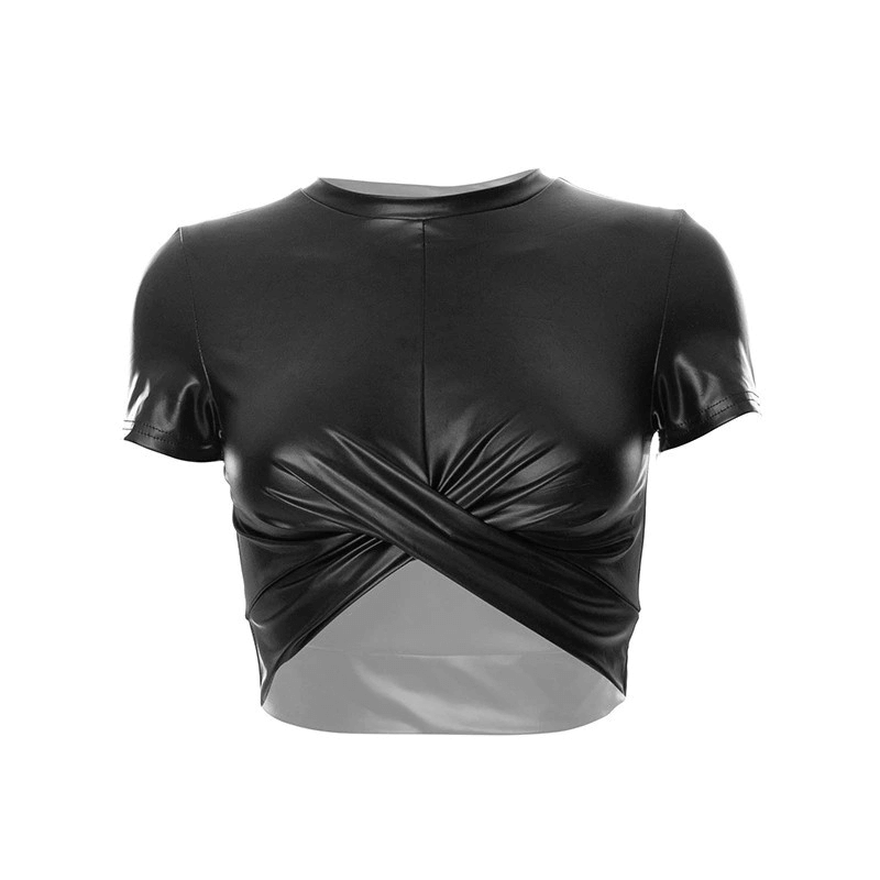 Black aesthetic skinny crop top for women with O-neck and crossover wraps, perfect for casual wear.