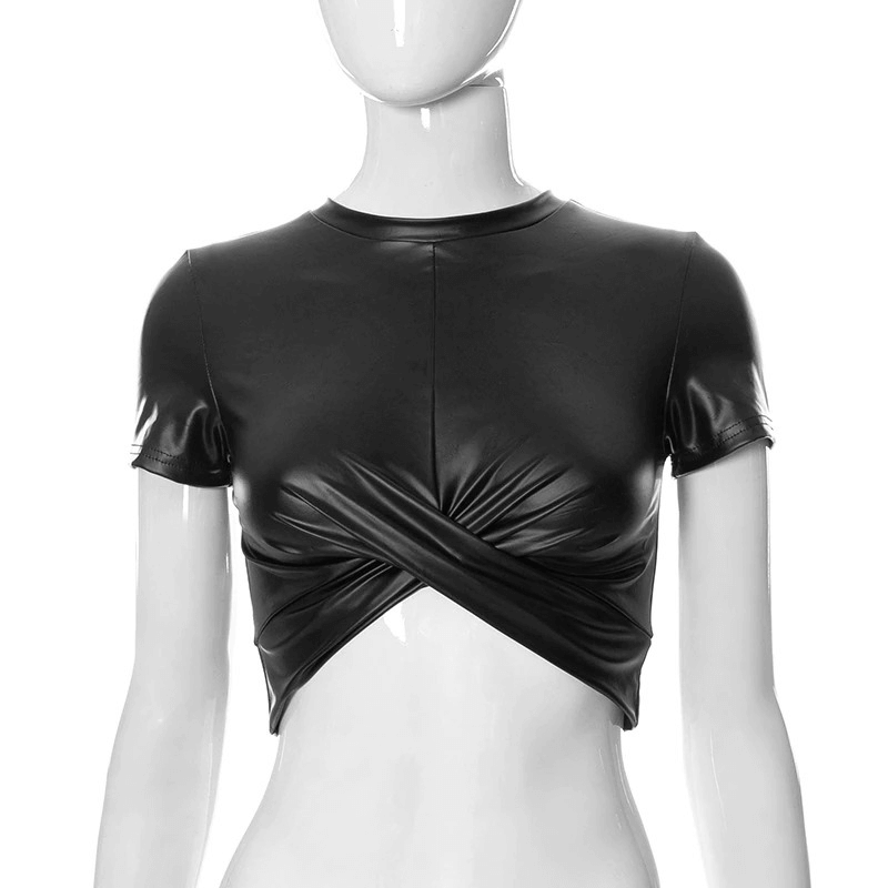 Stylish black o-neck crop top for women with a crossover wrap design, perfect for casual outfits.