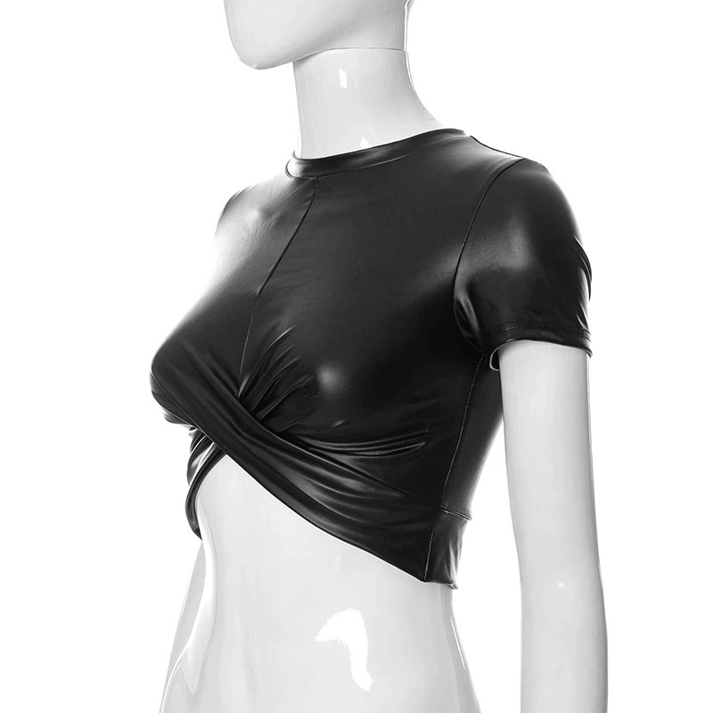Stylish black o-neck crop top for women, featuring a skinny cut and crossover wrap design, perfect for casual outfits.