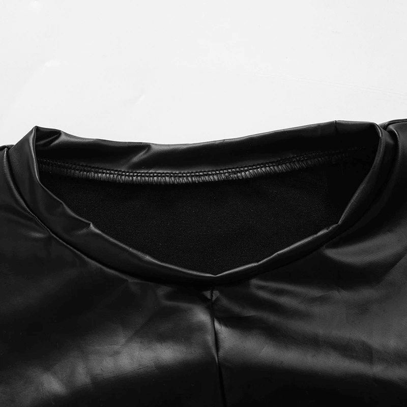 Close-up of the neckline of a black aesthetic skinny crop top for women, showcasing stylish O-neck design.