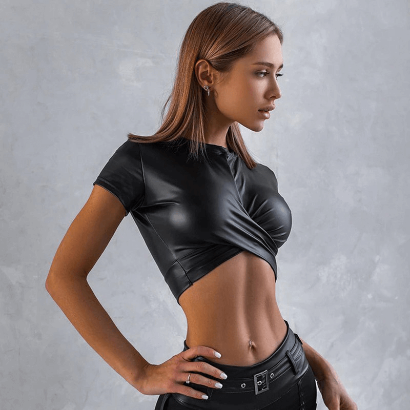 Aesthetic skinny crop top for women in black, showcasing a sleek design and flattering fit.