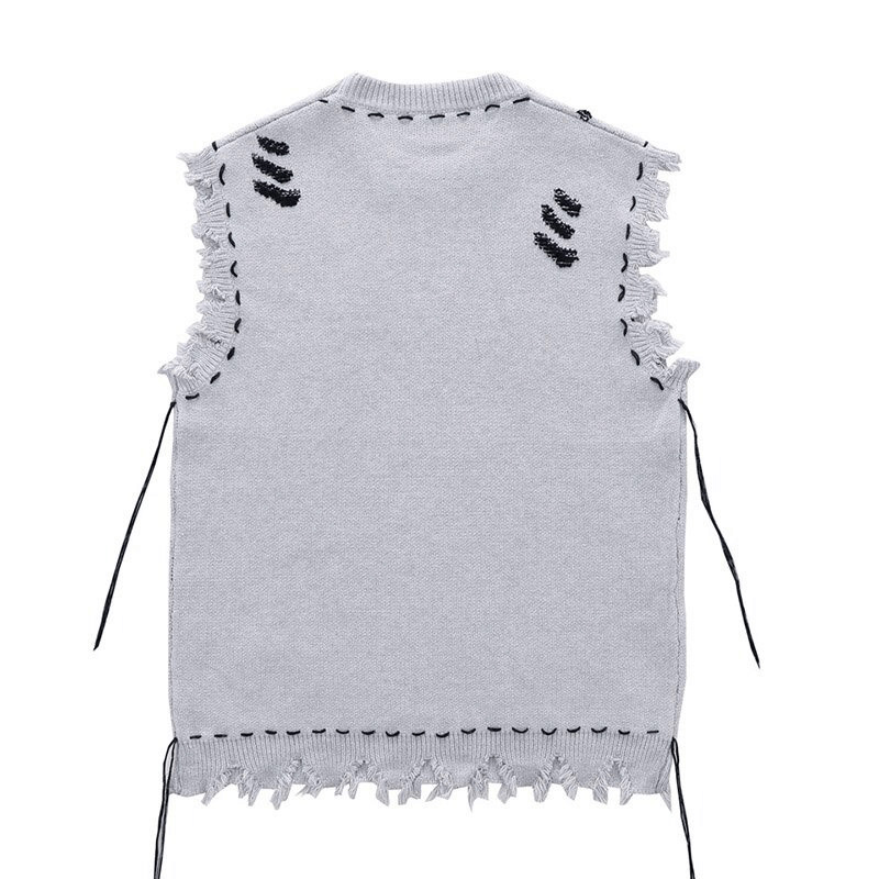 Aesthetic Tattered Fringed Knitted Vest / Vintage Oversized Sleeveless Sweater