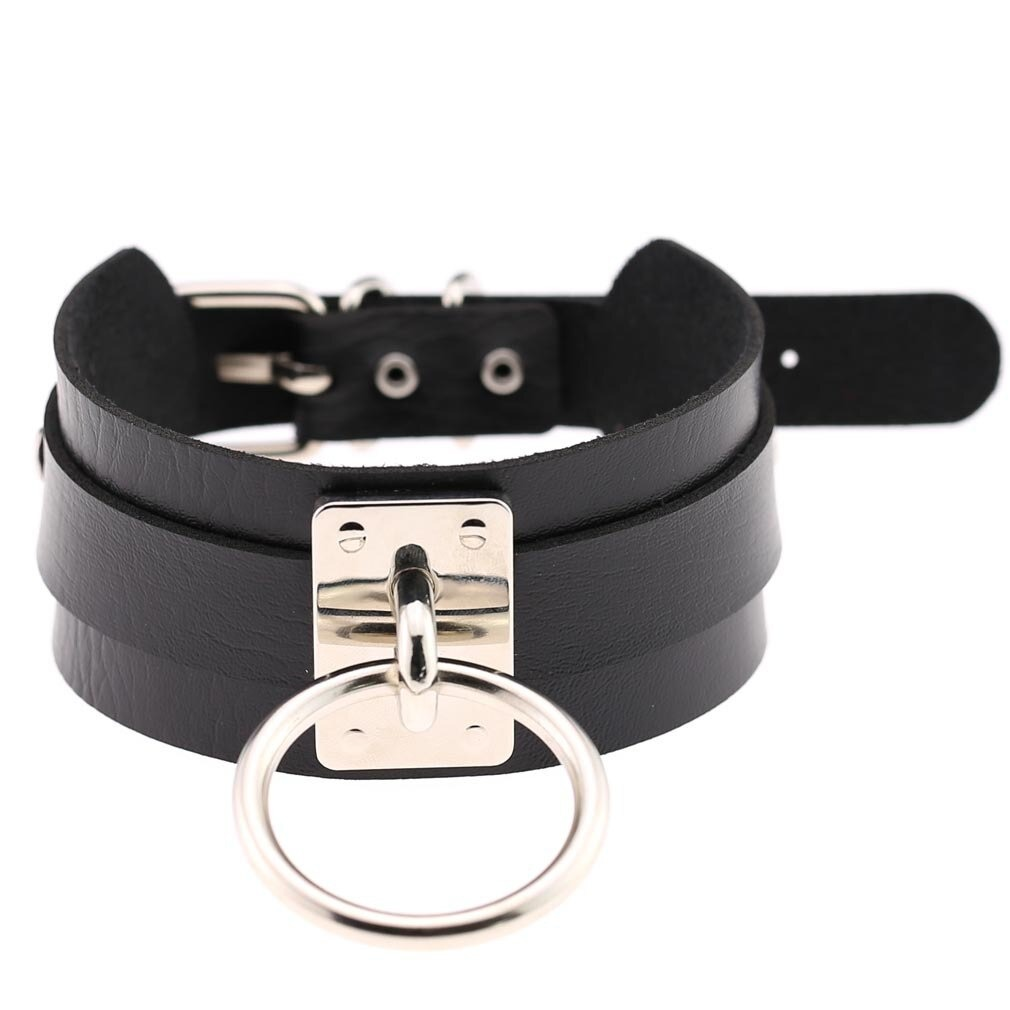 Trendy black vegan leather choker collar with metal ring for punk style fashion.