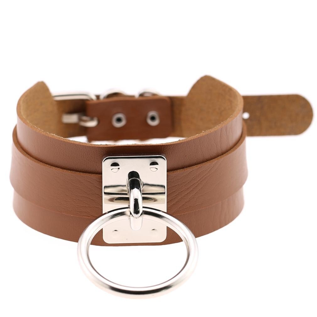 Trendy brown vegan leather choker collar with metal ring, perfect for punk style outfits.