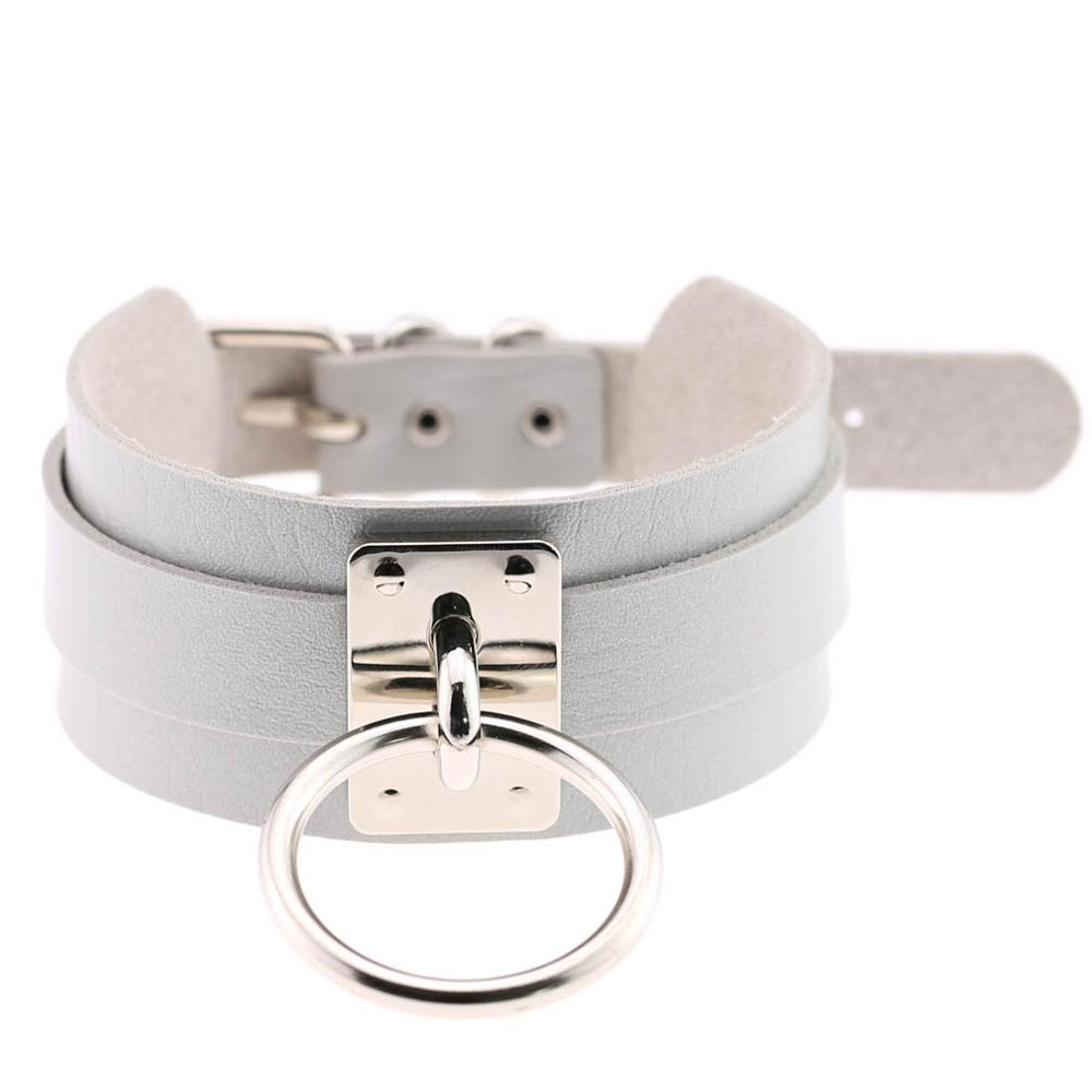 Aesthetic vegan leather choker collar for women in gray with metal ring, perfect for punk style outfits.