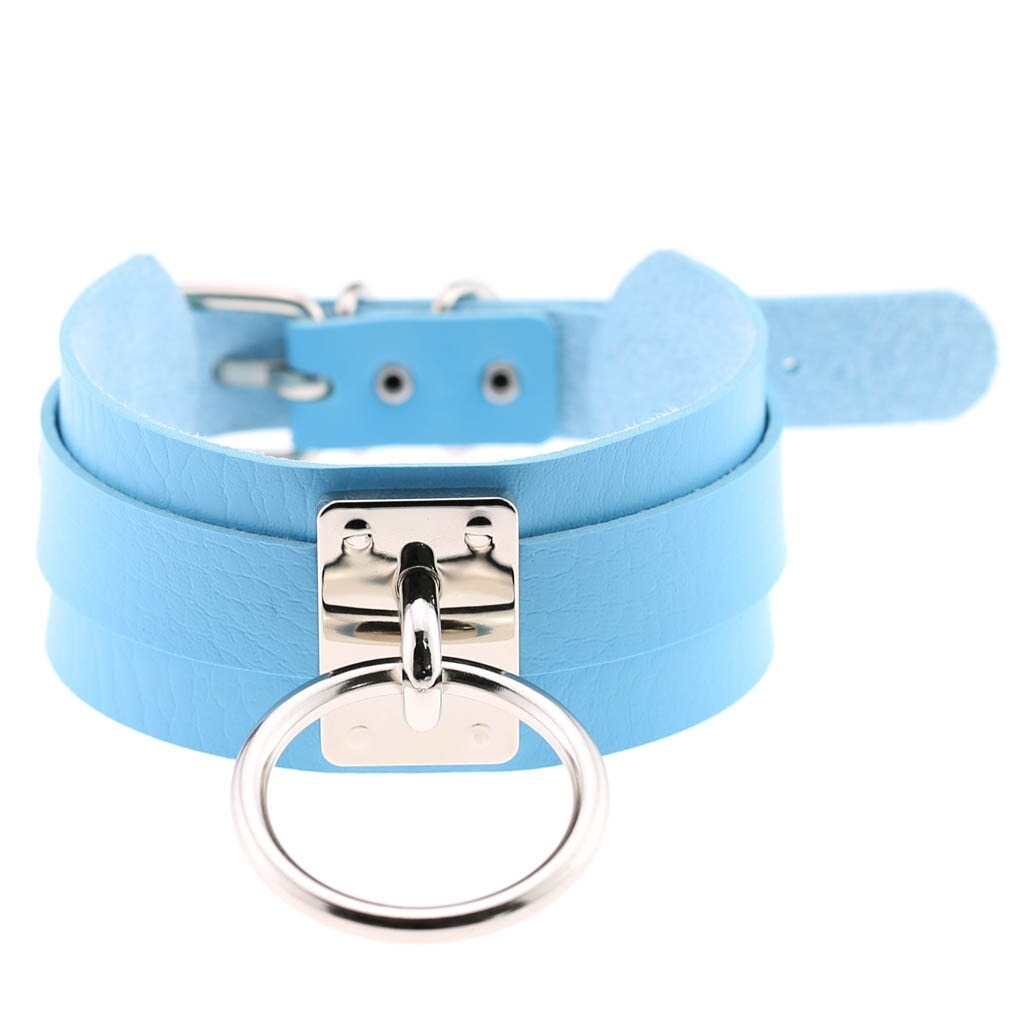 Trendy blue vegan leather choker with metal ring in punk style for women, perfect for stylish outfits.