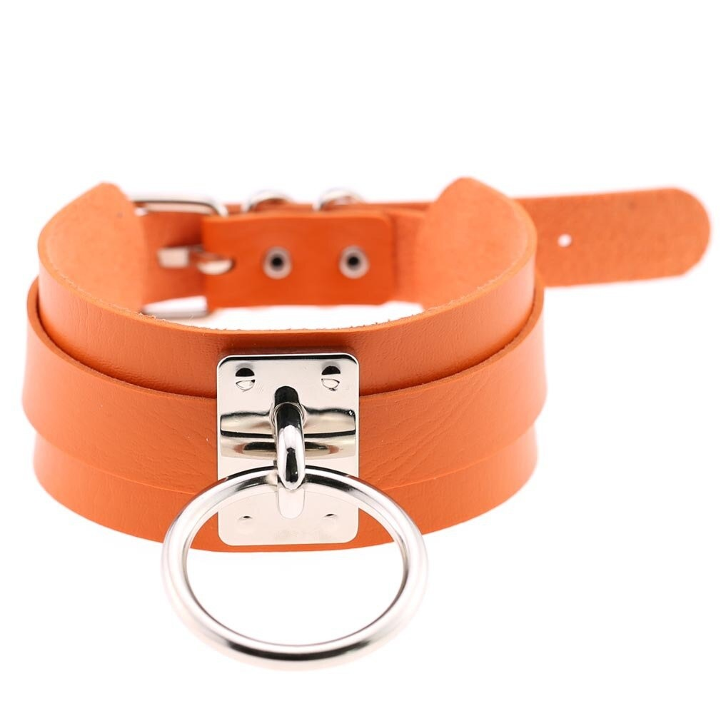 Vegan leather punk style choker collar in vibrant orange with metal ring and adjustable strap for a perfect fit.